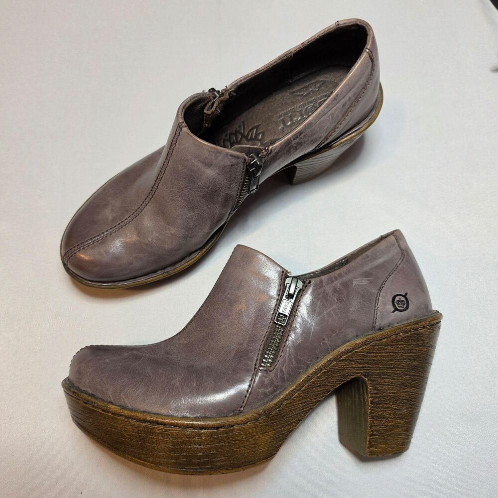 Born Clog Shoes Womens Size 6.5 Gray Leather Zip Platform Block Heel Comfort